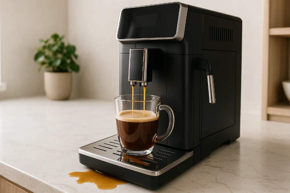 Чорна кавомашина на світлій кухні, з розлитою кавою на стільниці