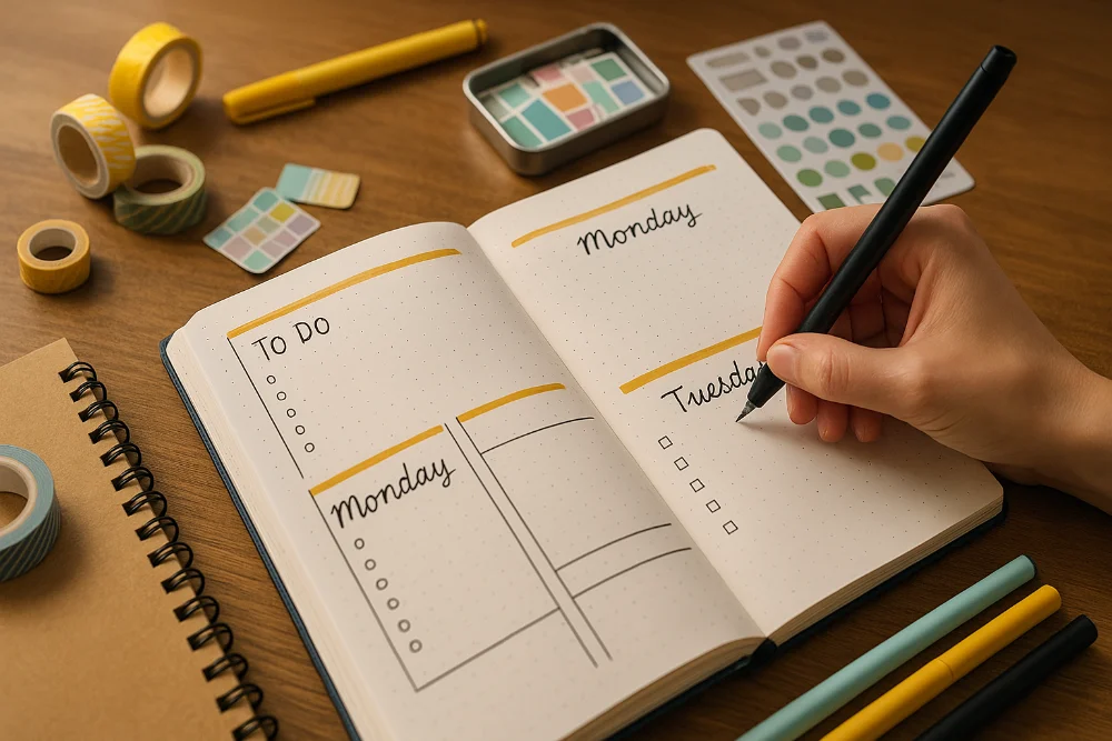 Записи у Bullet Journal з ручкою, скотчем, стікерами та маркерами на столі