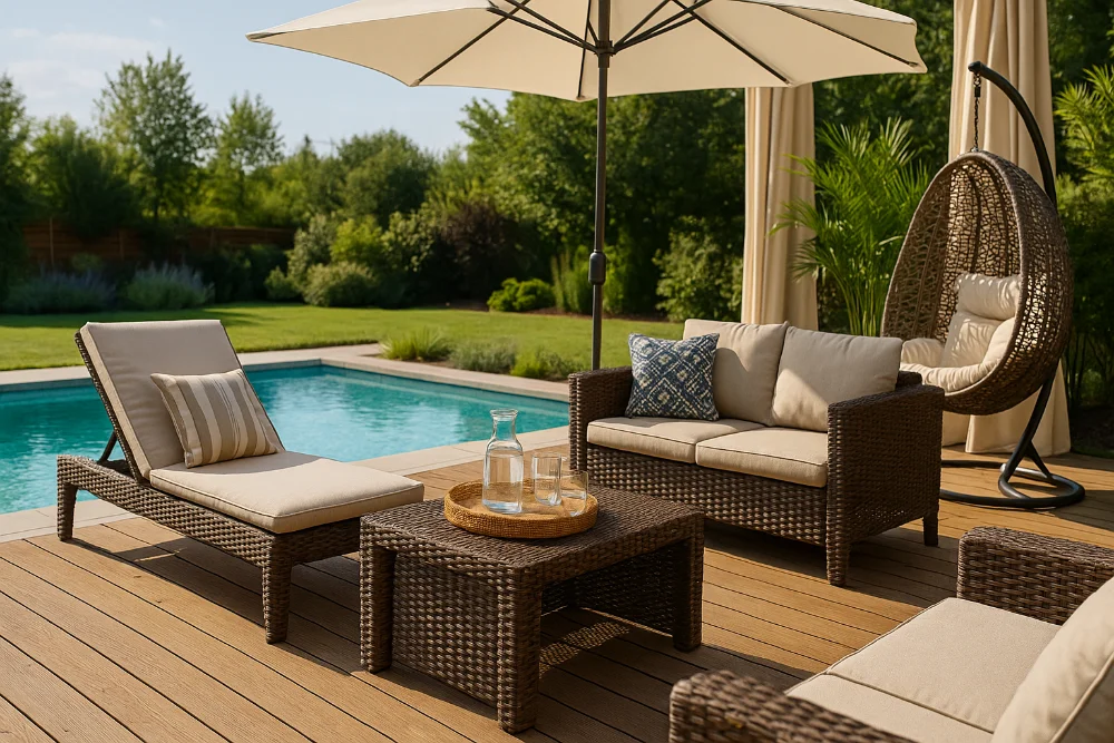 Простір біля басейну з ротанговими меблями, шезлонгом і зеленню