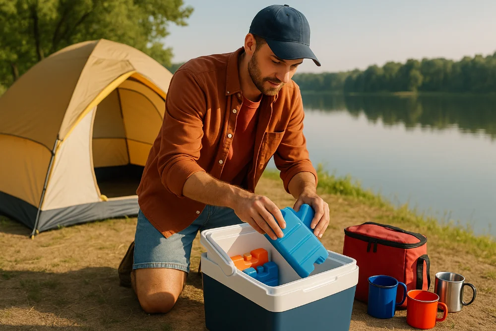 Кемпер в яскравому одязі кладе охолоджувачі в контейнер на березі озера