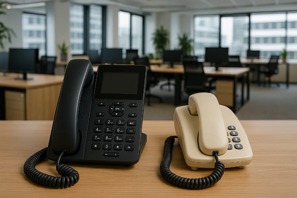 SIP-телефон та аналоговий телефон на дерев’яному столі у просторому офісі