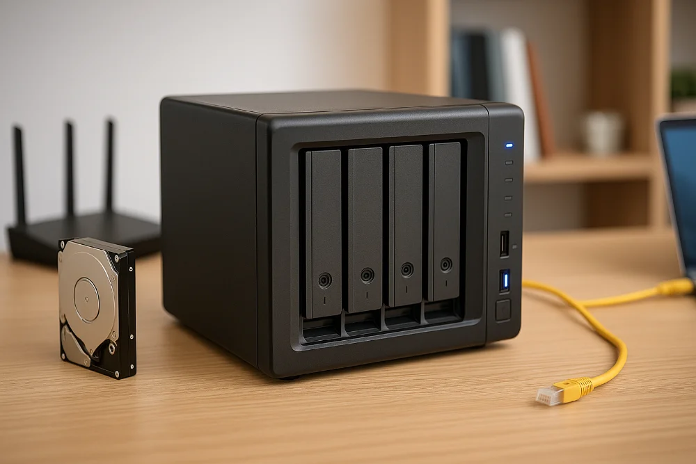 NAS-пристрій із чотирма відсіками, жорстким диском, роутером та ноутбуком