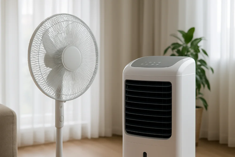Стаціонарний вентилятор і повітряний охолоджувач біля вікна в кімнаті