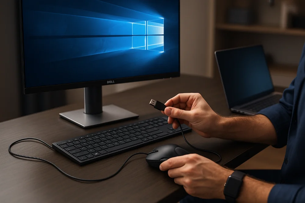 Чоловік перевіряє USB-кабель мишки біля монітора Dell і ноутбука