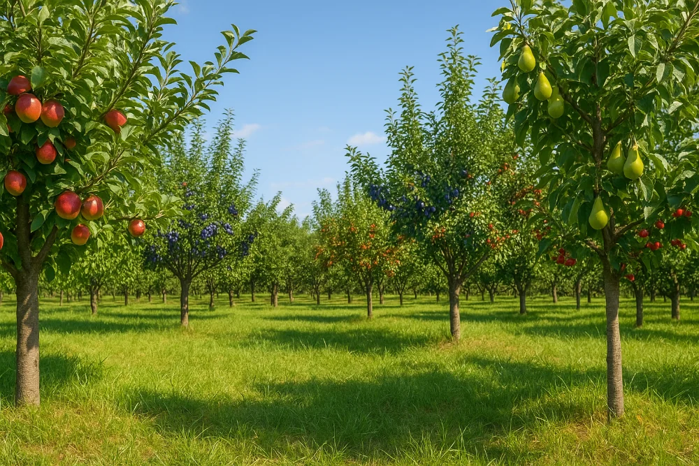 Сонячний сад з яблунями, грушами, сливами та вишнями в Україні