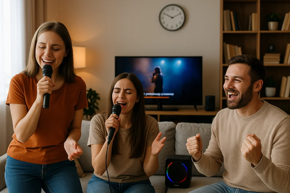 Друзі співають караоке вдома з мікрофонами біля телевізора