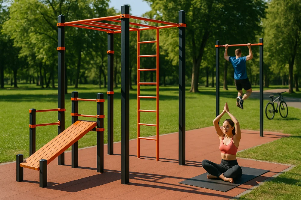 Літній спортивний майданчик у парку з тренажерами та людьми на задньому плані