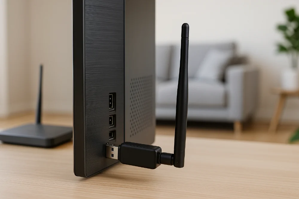 USB Wi-Fi адаптер підключений до ПК, на фоні диван і рослина