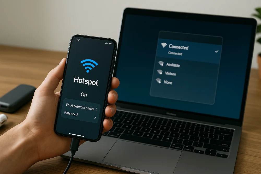 Людина підключає ноутбук до інтернету зі смартфона через Wi-Fi