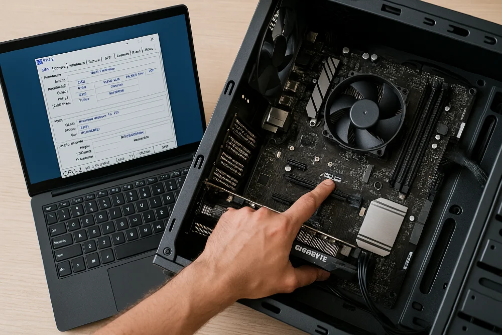 Людина вказує на материнську плату в корпусі ПК, поруч ноутбук із відкритою CPU-Z