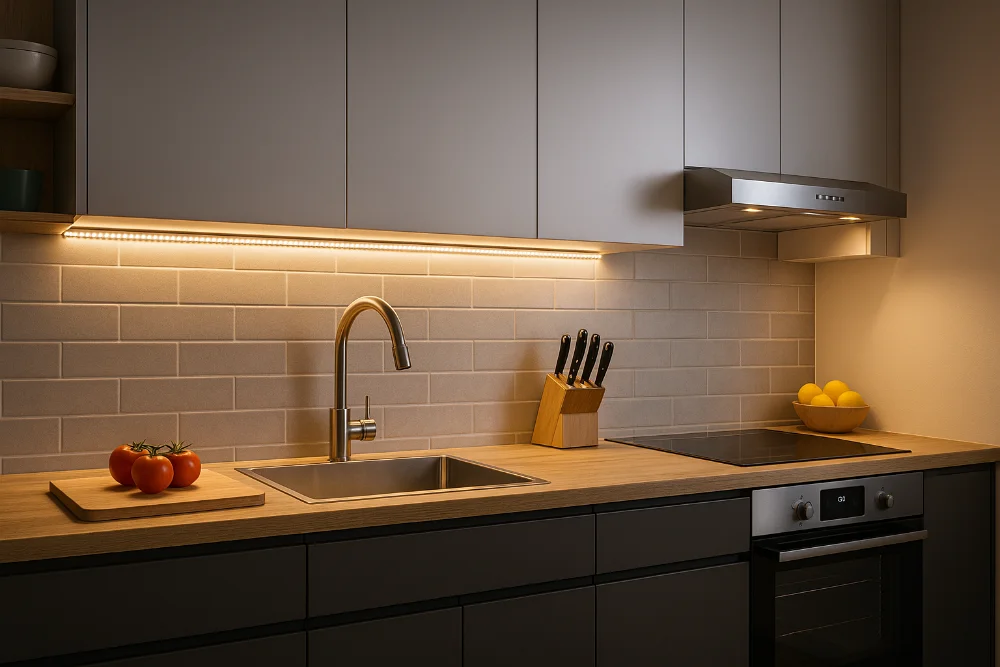 LED стрічка під шафами на кухні з дерев’яною стільницею і плиткою