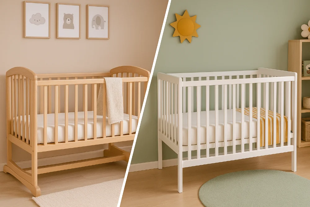 Світлі дитячі кімнати з маятниковим і класичним ліжечком без маятника