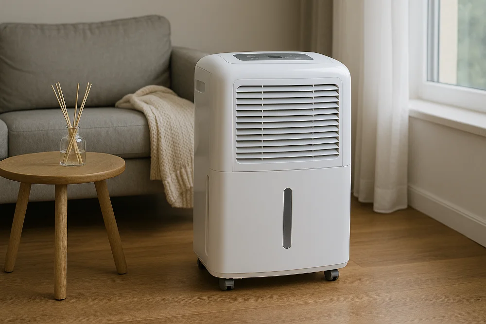 Білий осушувач повітря поруч із диваном у світлій кімнаті з дерев'яною підлогою