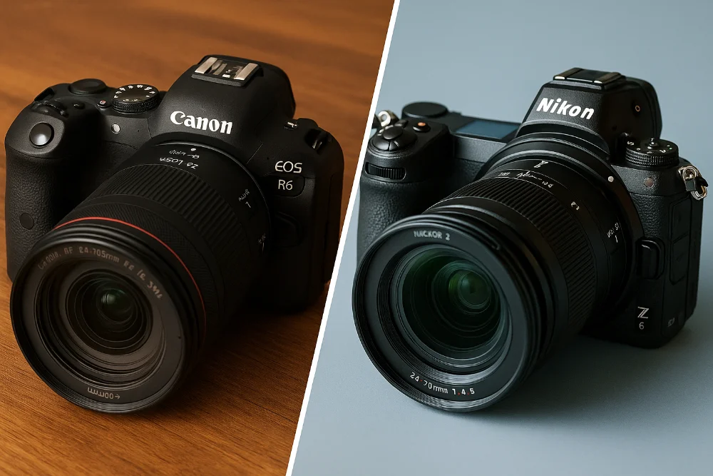 Порівняльний колаж Canon і Nikon на різних фонах із косим поділом