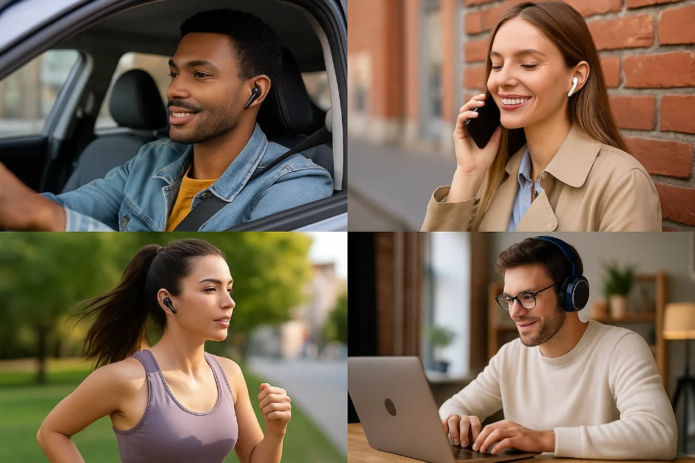 Колаж з людьми, які використовують Bluetooth-гарнітури у машині, на вулиці, під час бігу та роботи