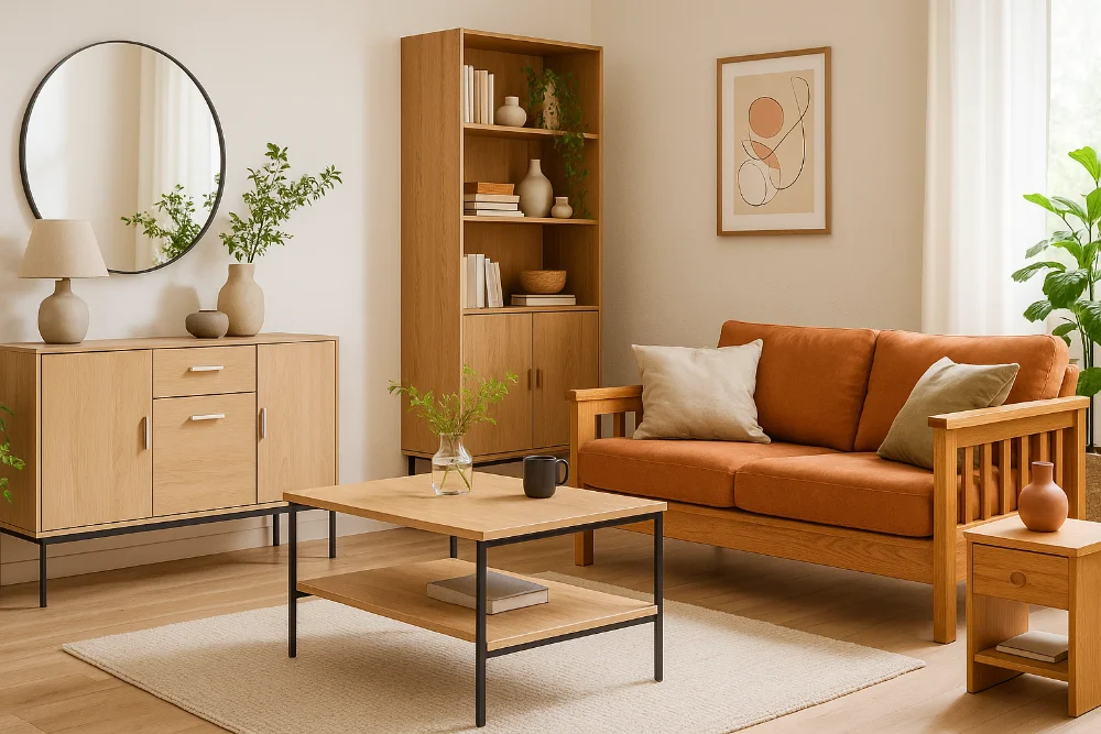 Інтер’єр вітальні з дерев’яними меблями, зеленню та стильним декором