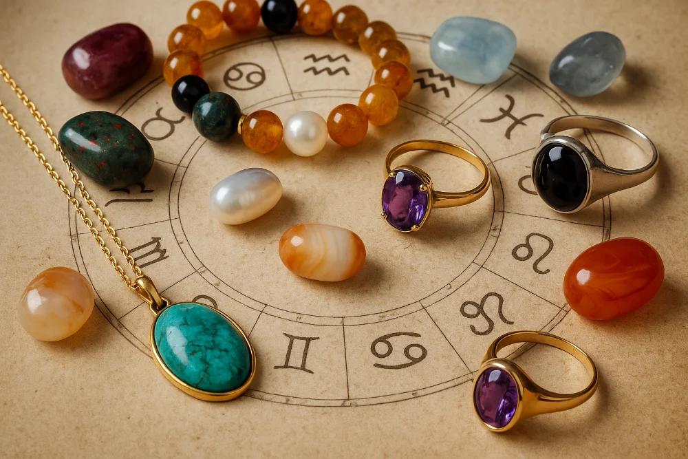 Ювелірні прикраси та натуральні камені на фоні зодіакального кола