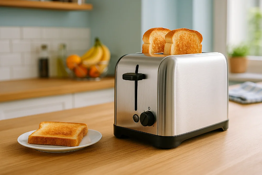 Тостер з нержавійки з підсмаженими тостами на фоні сучасної кухні
