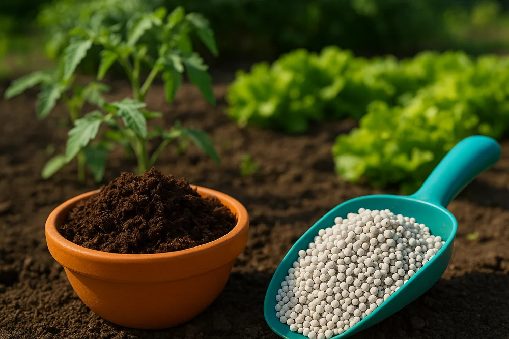 Зображення органічного компосту і мінеральних гранул на фоні молодих рослин