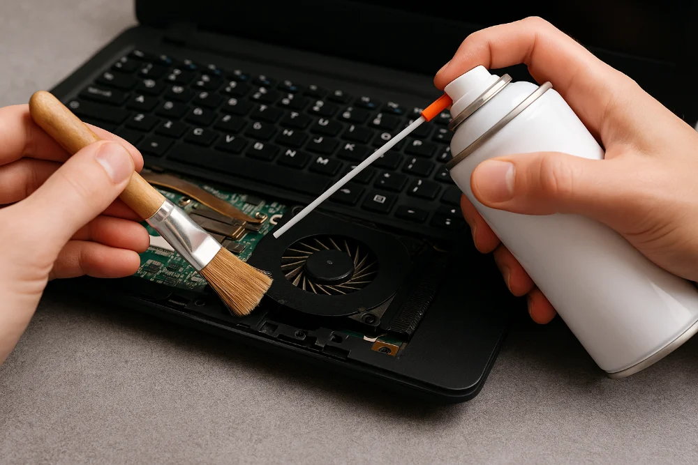 Руки людини чистять вентилятор ноутбука пензлем і стисненим повітрям
