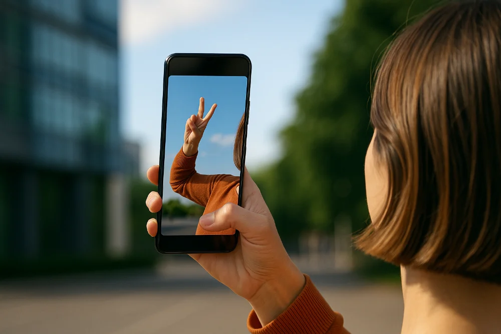 Людина фотографує себе смартфоном на вулиці, тримаючи камеру на витягнуту руку