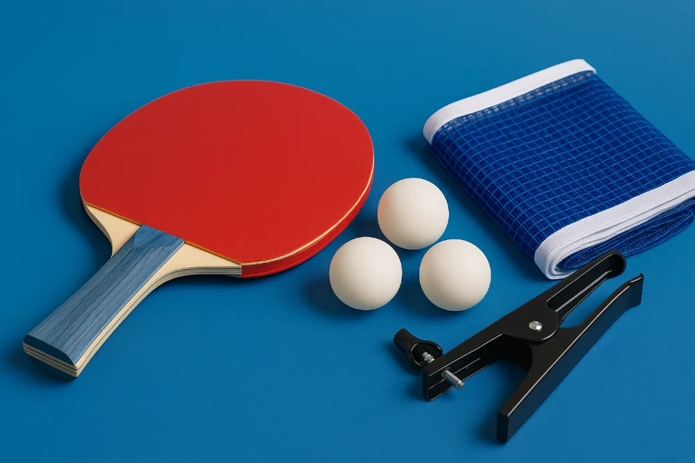 Настільна тенісна ракетка з м’ячами та сіткою на синьому фоні