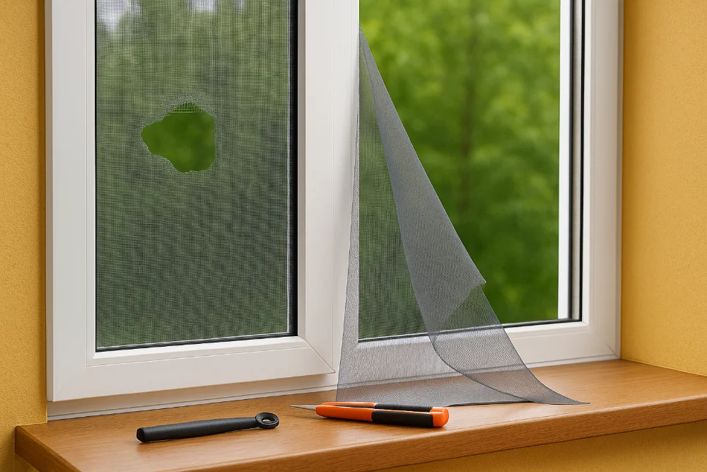 Заміна москітної сітки на білому пластиковому вікні поруч із пошкодженою сіткою