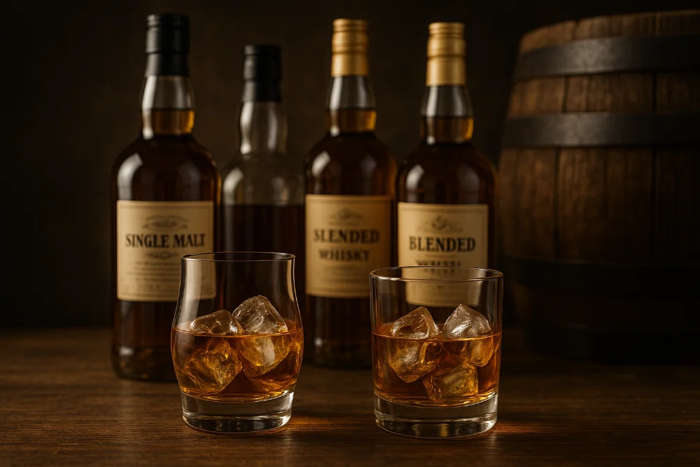 Два склянки віскі з кубиками льоду перед пляшками односолодового й купажованого віскі