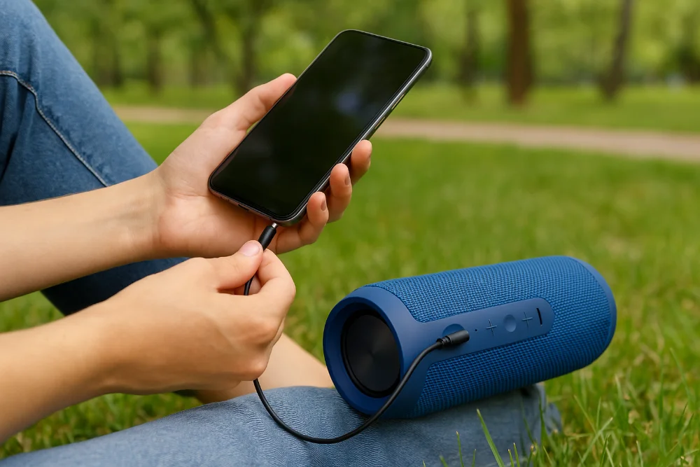 Руки людини підключають смартфон до портативної колонки за допомогою AUX