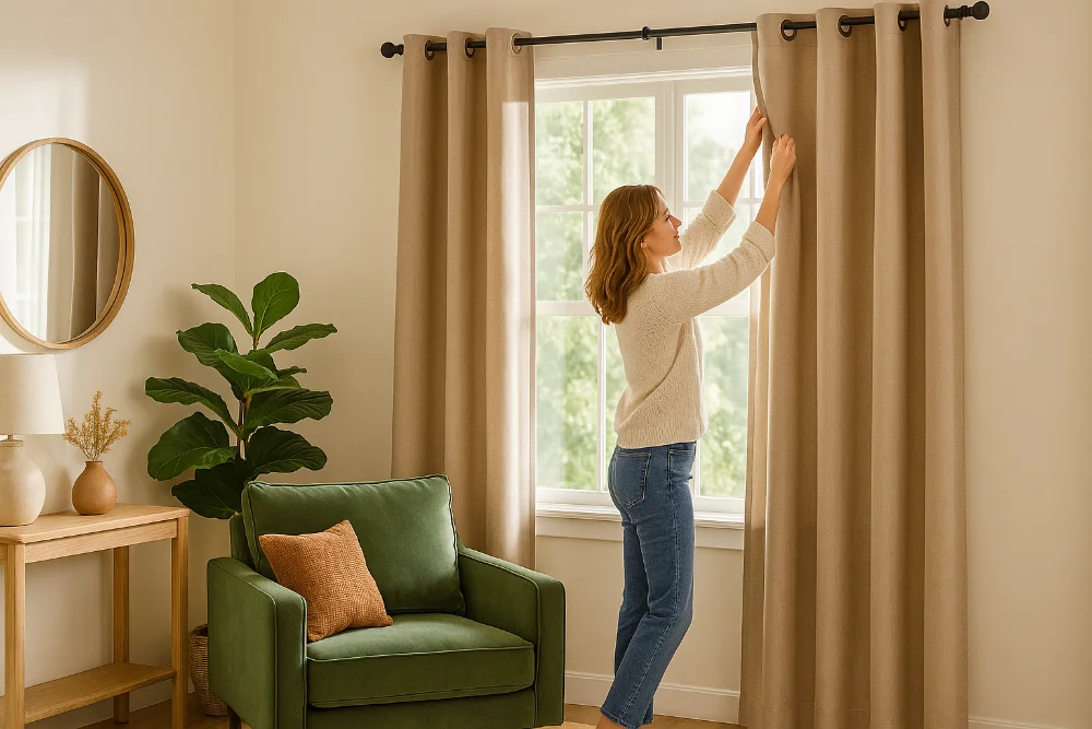 Жінка на тлі великого вікна регулює бежеві штори в сучасній кімнаті