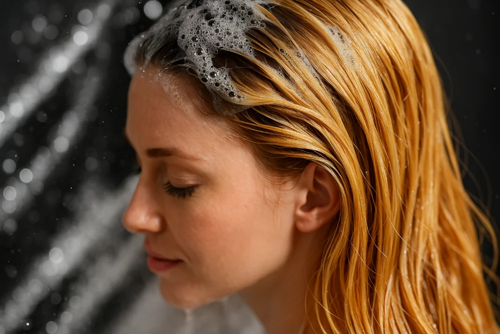 Жінка з блондинистим волоссям миє голову шампунем під душем