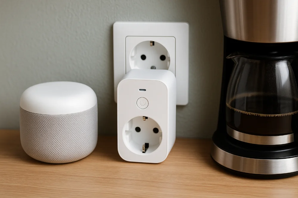 Смарт-розетка в інтер’єрі кухні, підключена до кавомашини і смарт-колонки