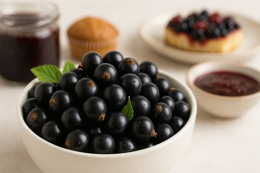 Чорна смородина в білій мисці, на розмитому фоні десерти та джем