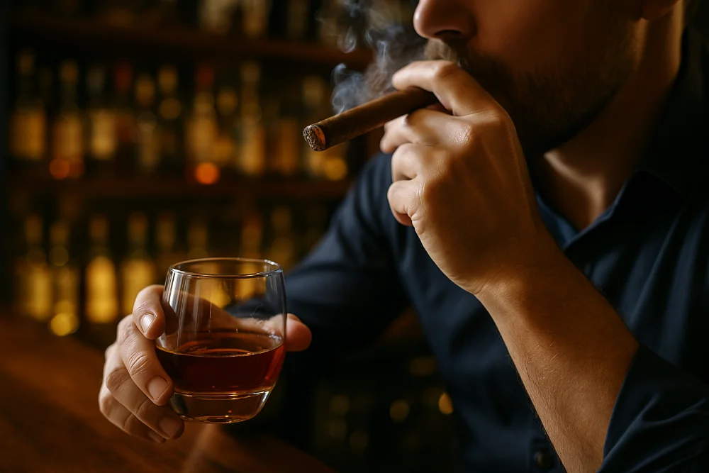 Частина обличчя чоловіка з сигарилою і склянкою віскі в барі