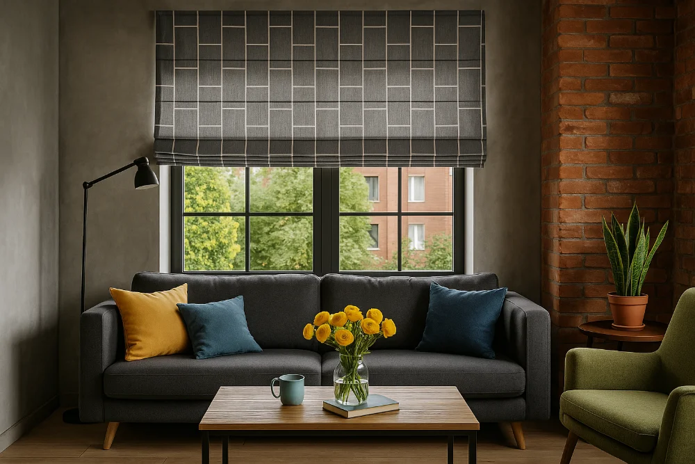 Сучасна вітальня в стилі лофт з римськими шторами на великому вікні