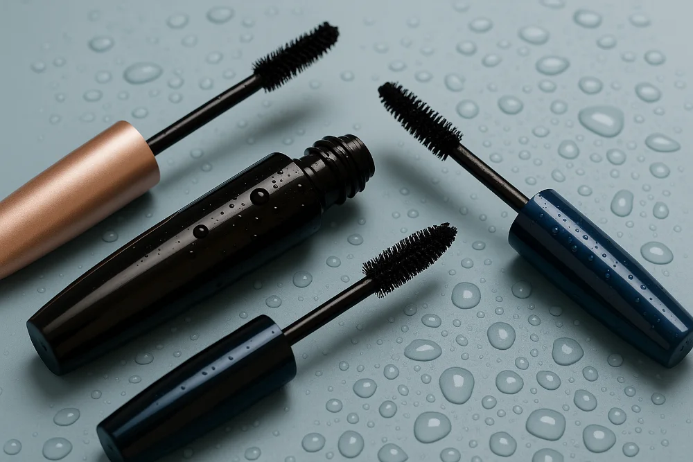 Три різнокольорові тюбики водостійкої туші з пензликами та краплями води