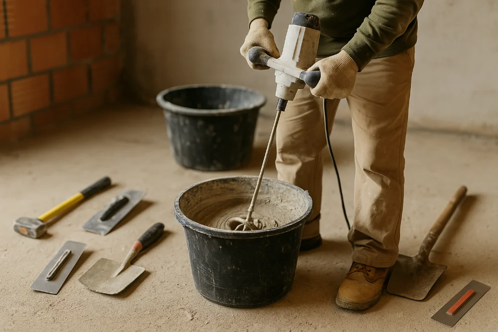 Будівельник готує штукатурний розчин міксером у відрі серед інструментів