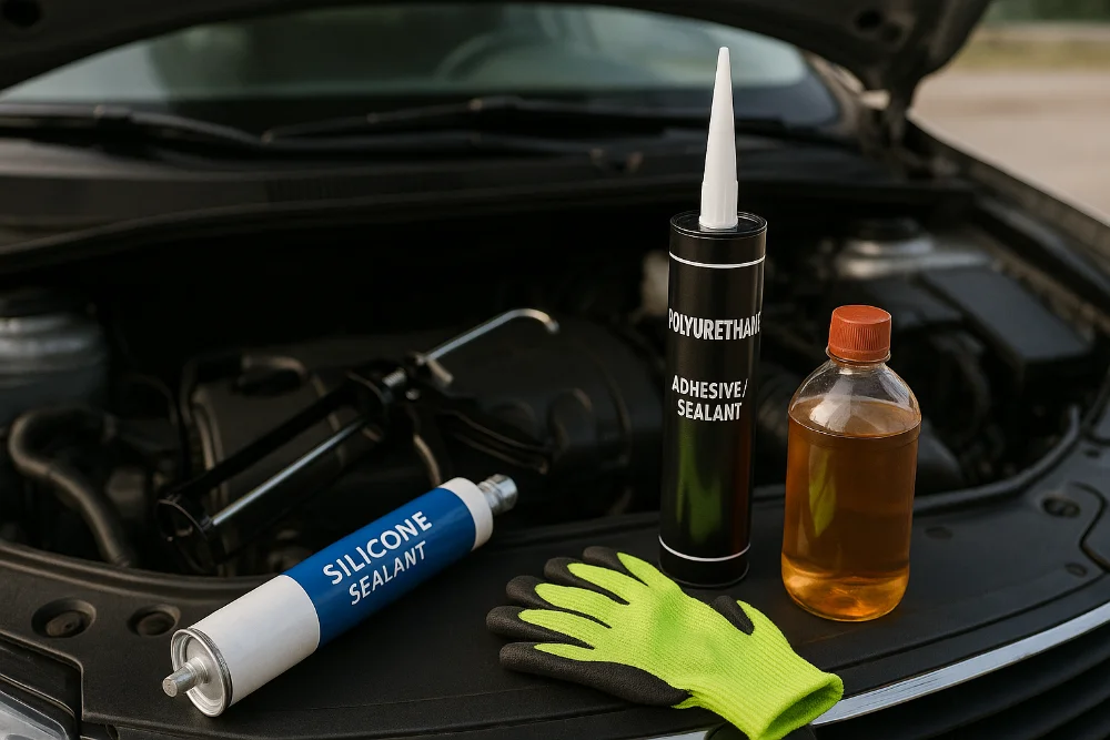 Силіконовий герметик, поліуретановий клей, рукавички та пістолет на двигуні авто