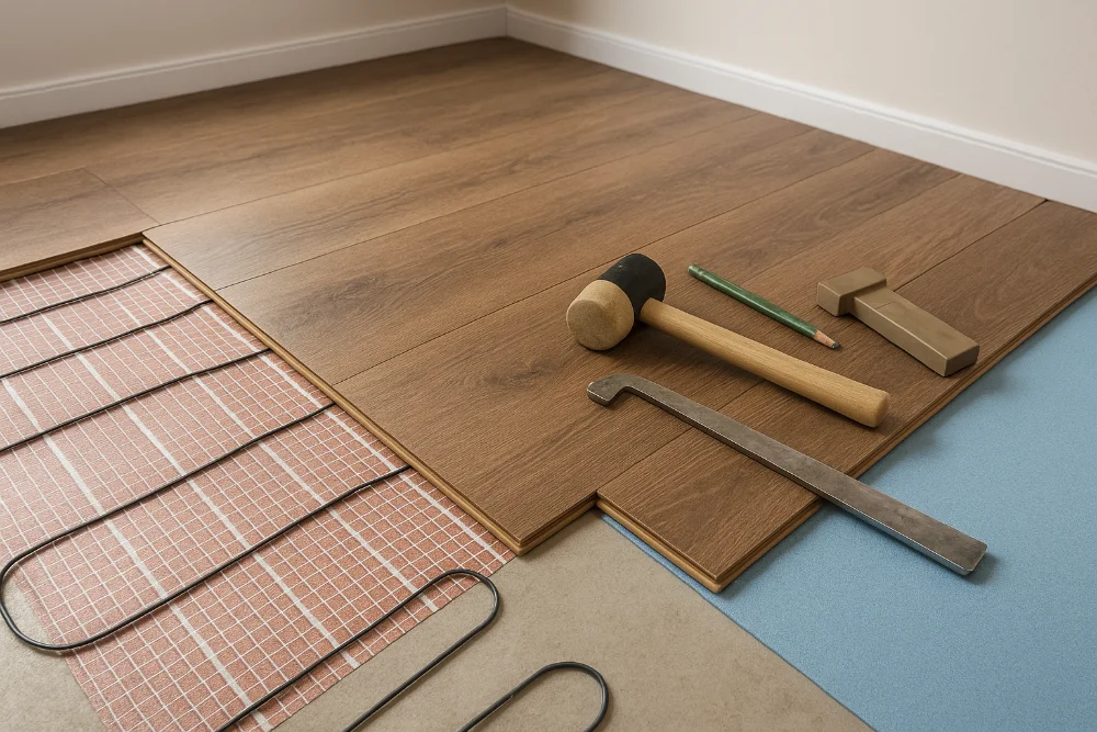 Процес монтажу ламінату над електричною теплою підлогою з інструментами