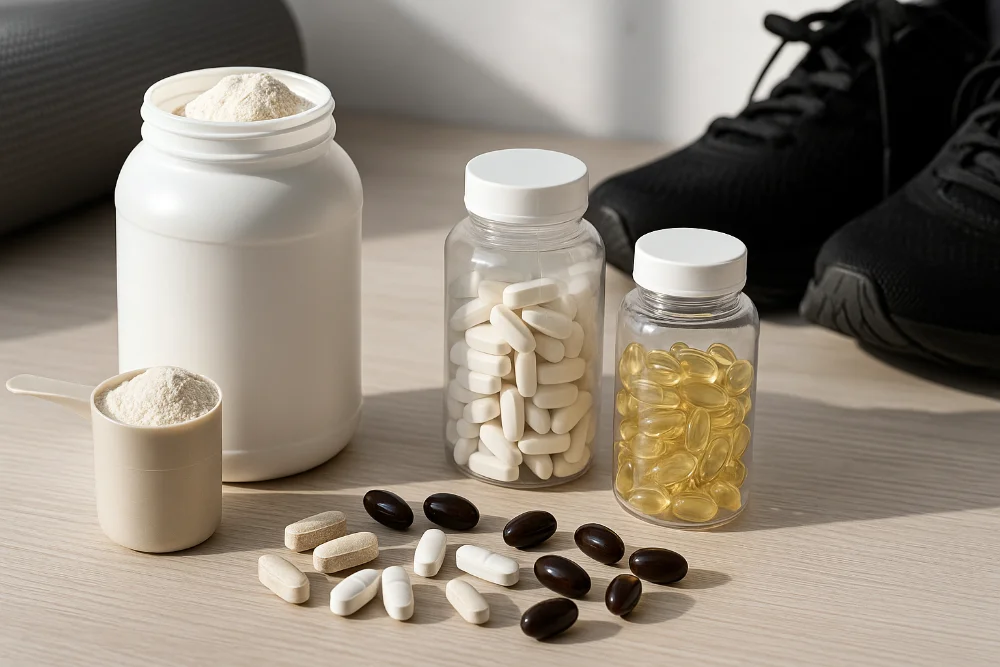 Білий протеїн, капсули та пігулки на фоні кросівок і йога-мату