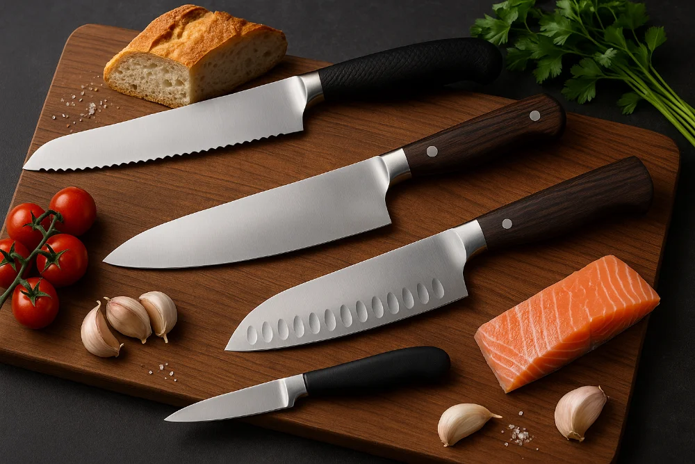 Чотири види кухонних ножів із продуктами на дерев’яній дошці