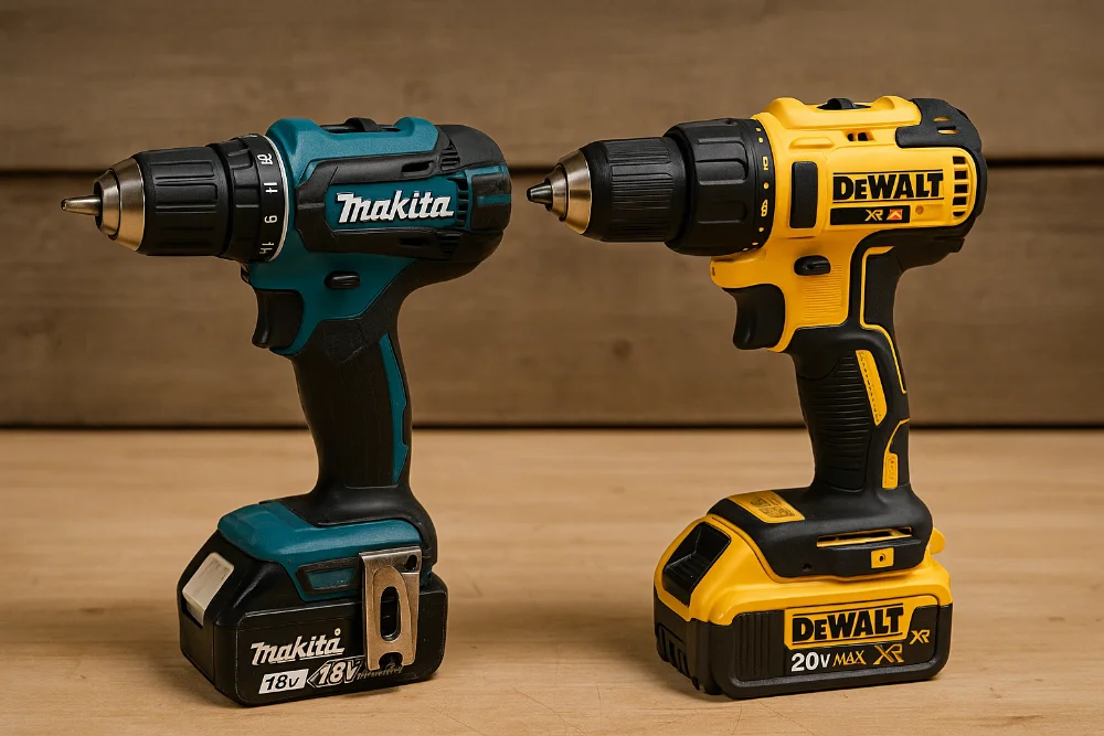 Акумуляторні дрилі Makita та DeWalt поруч на дерев’яній поверхні