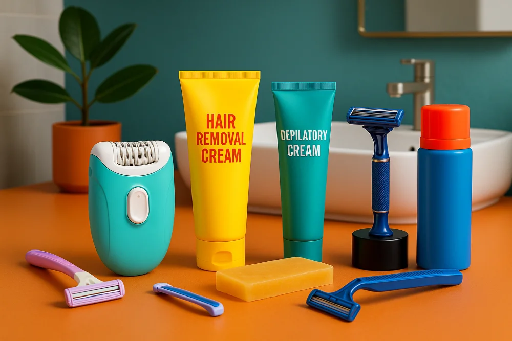 Яскраві бритви, креми та епілятор на кольоровому фоні у ванній