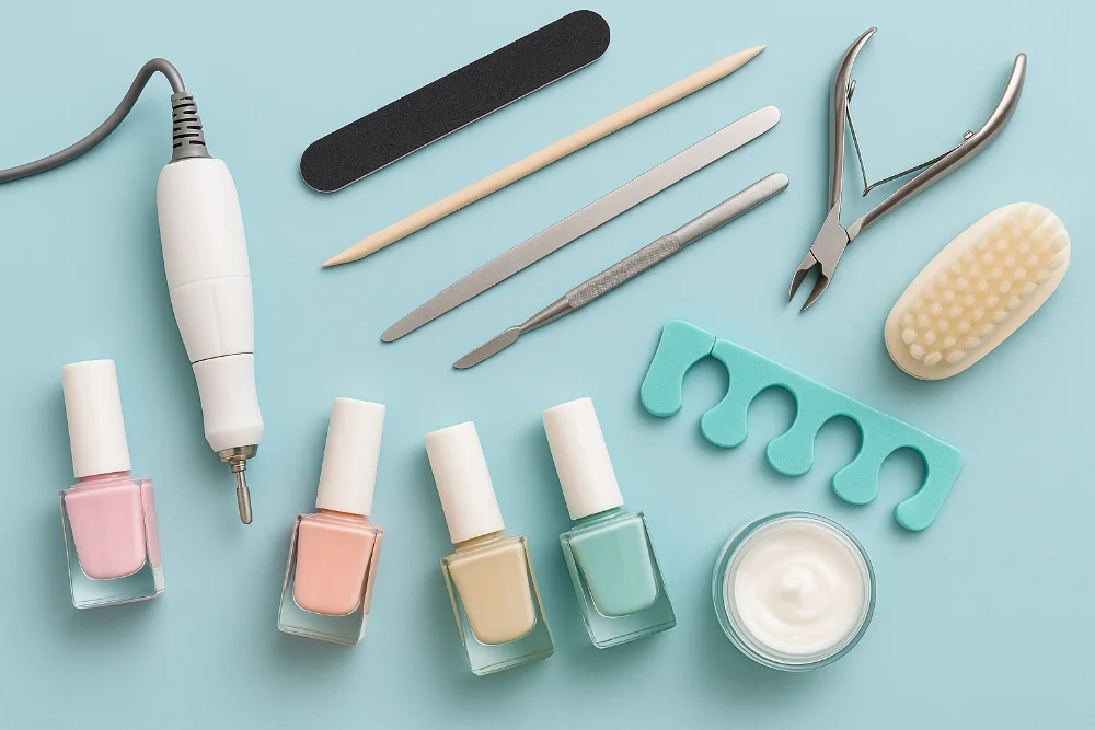 Набір лаків, фрезер, пилочки та інструменти для манікюру й педикюру на блакитному тлі