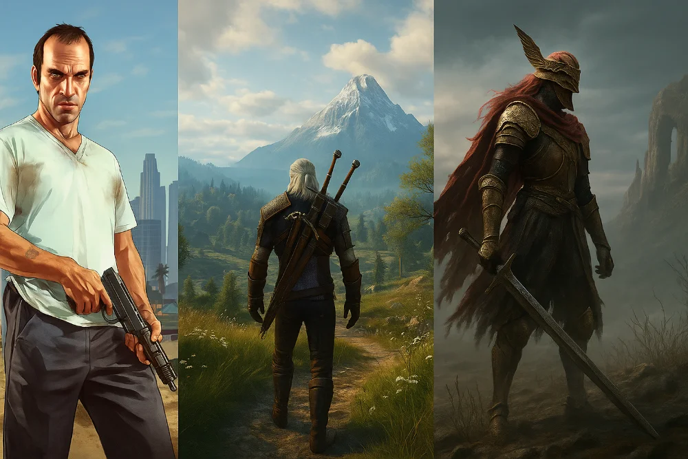 Головні герої з GTA V, The Witcher 3 і Elden Ring у реалістичних ландшафтах