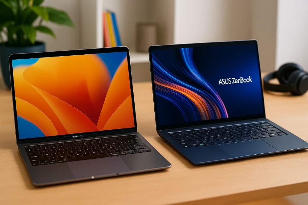 MacBook і ZenBook разом на столі в інтер'єрі з яскравими дисплеями