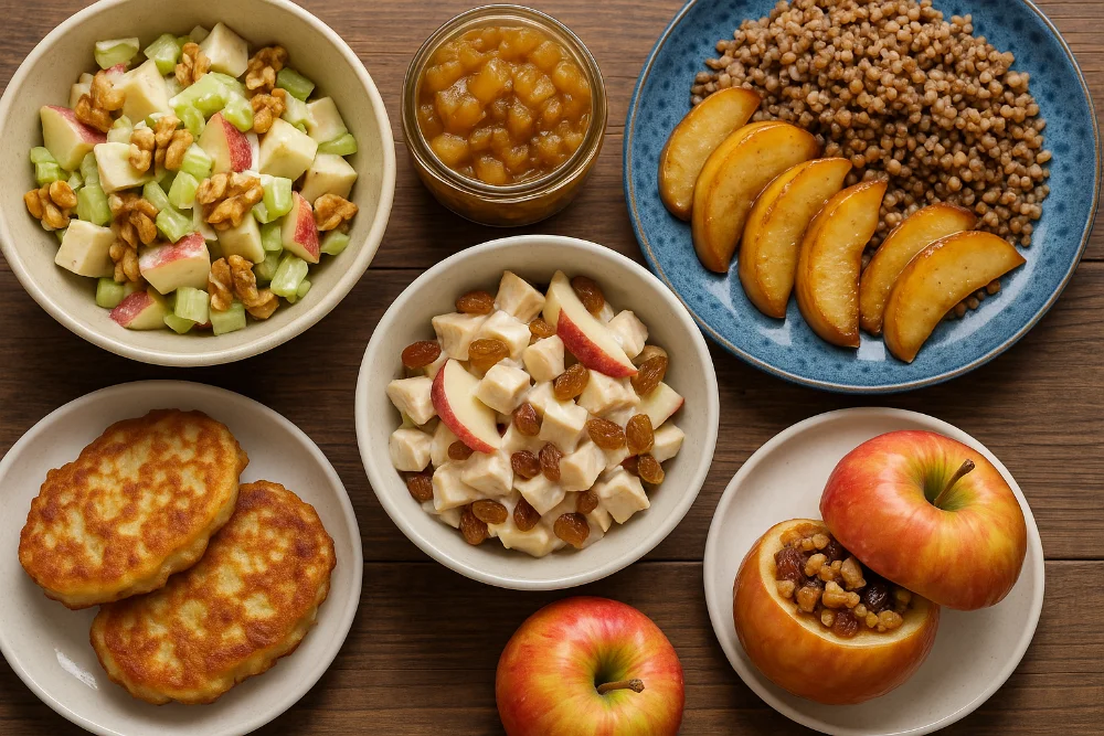 Різні страви з яблук — салат, тушковані яблука, чатні, гречка, оладки