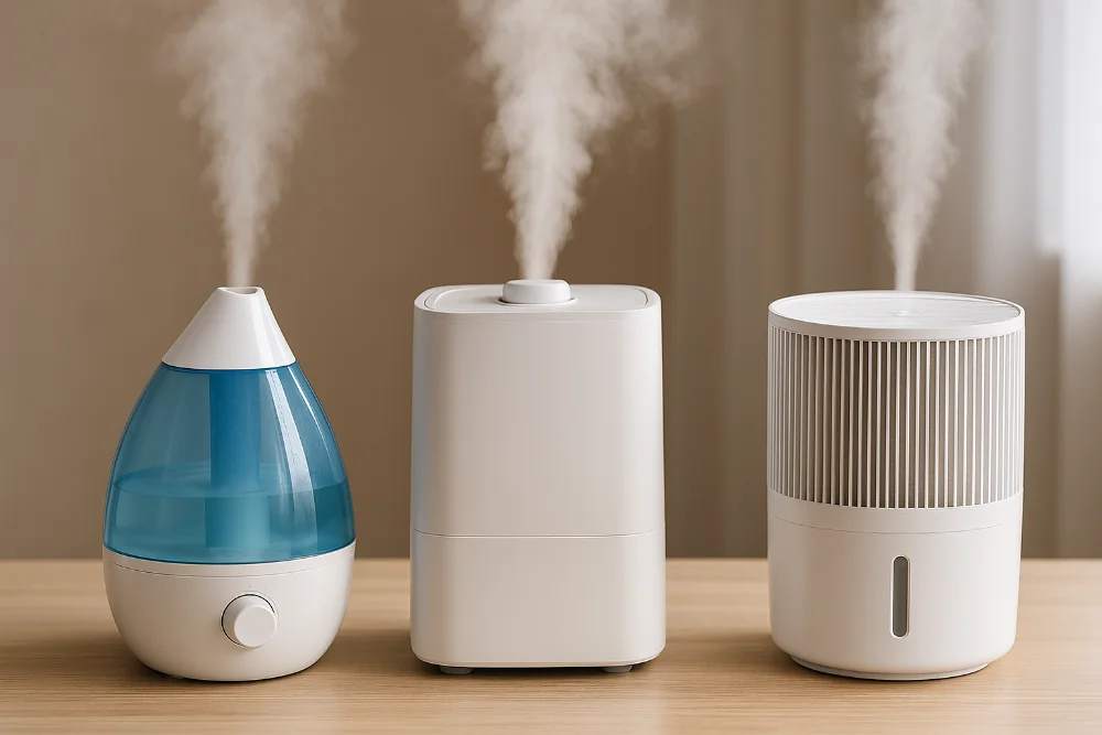 Ультразвуковий, паровий і традиційний зволожувач на дерев’яній поверхні