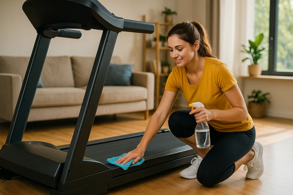 Молодa жінка чистить бігову доріжку з мікрофіброю в яскравій кімнаті