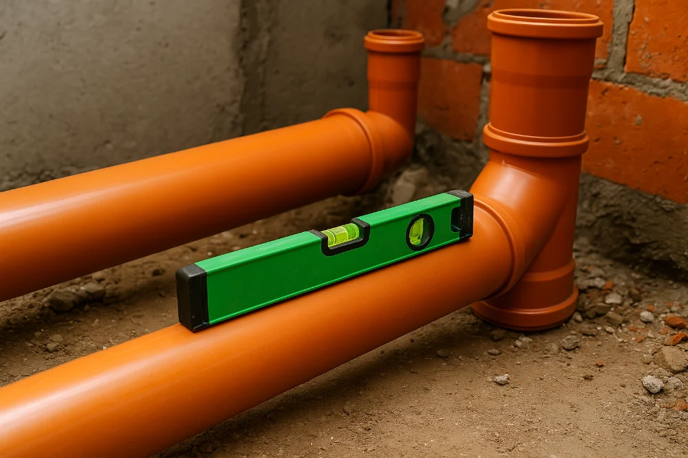 Зелений рівень лежить на оранжевих каналізаційних трубах біля цегляної стіни